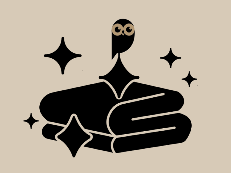 Logo "La Chouette aide" avec du linge propre entouré d'étincelles.