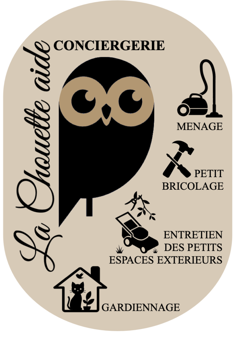 Entretien & Coup de main Logo de "La Chouette Aide" avec des services de conciergerie listés : ménage, petit bricolage, entretien extérieur, gardiennage.