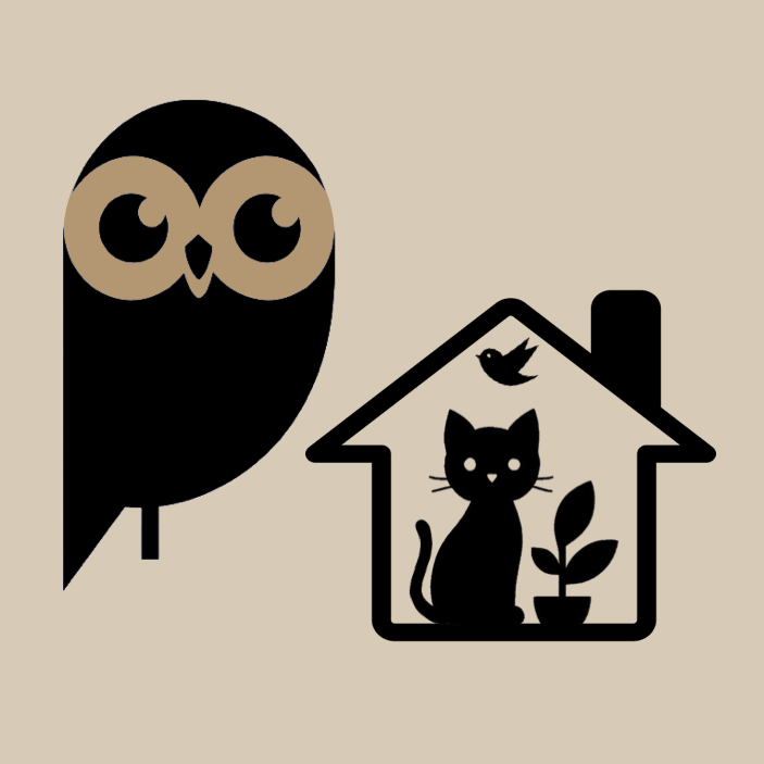 Gardiennage Logo "La Chouette aide" à côté d'une maison, d'un chat, d'une plante et d'un oiseau.