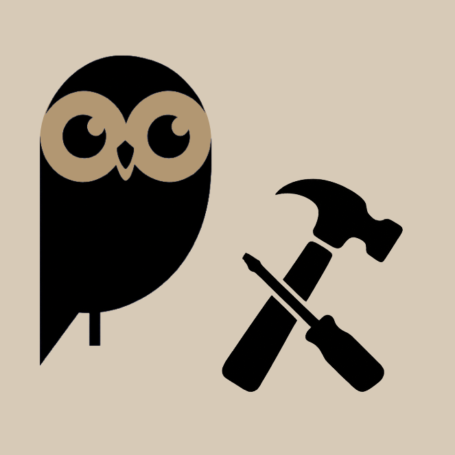 Petit bricolage Logo "La Chouette aide" à côté d'un marteau et d'un tournevis.
