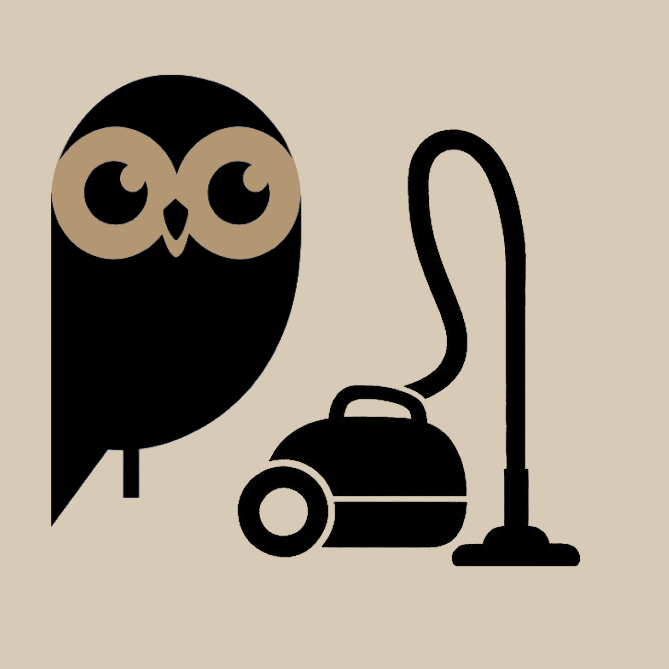 Aide au ménage Chouette stylisée à côté d'un aspirateur.