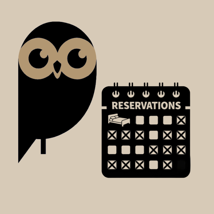 Chouette stylisée à côté d'un calendrier avec des réservations barrées.