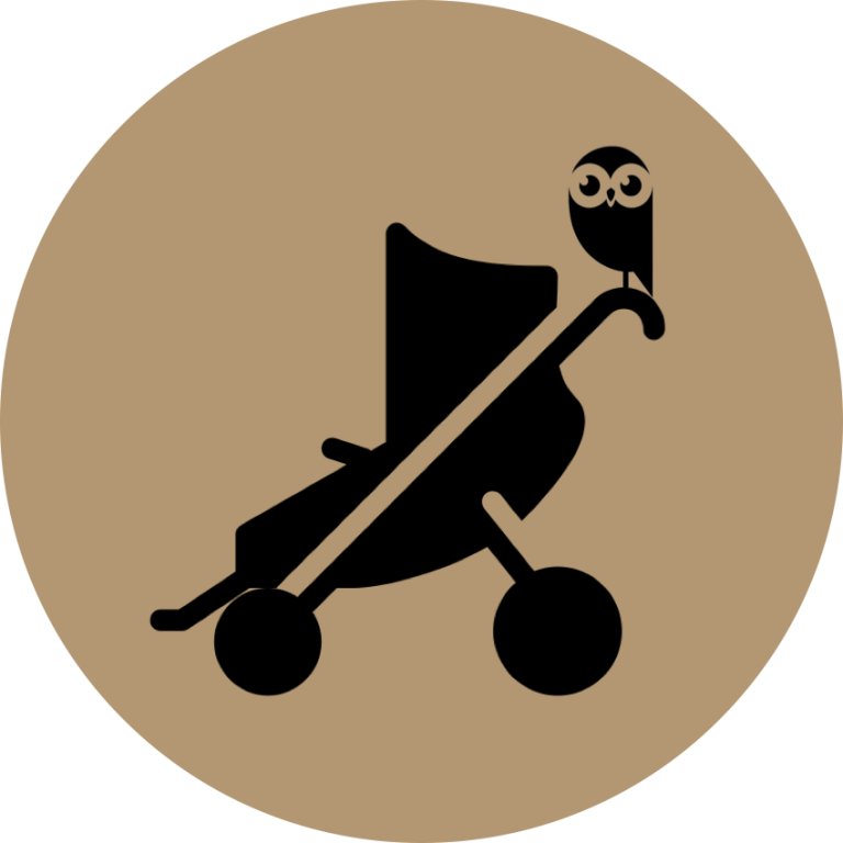 Une poussette canne avec deux chouettes.