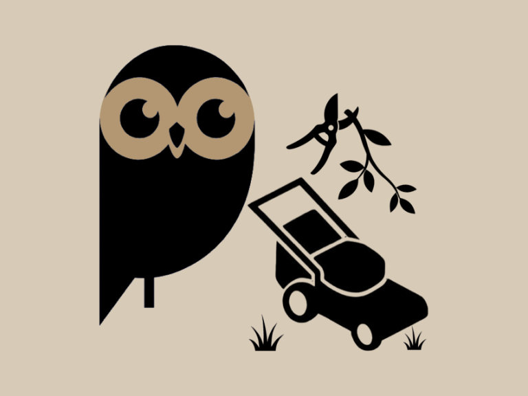 Entretien des petits espaces extérieurs Logo "La Chouette aide" à côté d'une tondeuse et d'un sécateur.