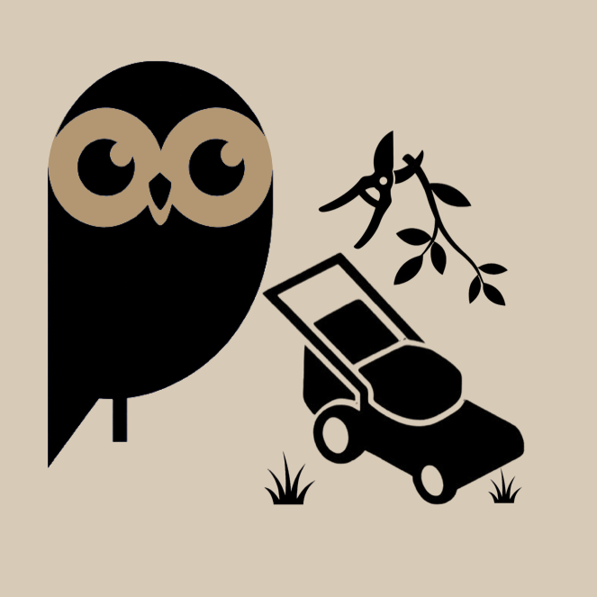 Entretien des petits extérieurs Logo "La Chouette aide" à côté d'une tondeuse et d'un sécateur.