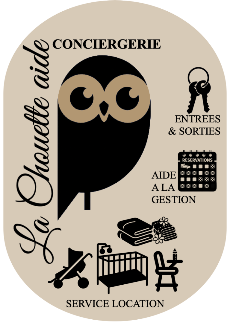 Logo de "La Chouette aide" avec des icônes de conciergerie, aide à la gestion locative, entrées et sorties, service de location de linge.